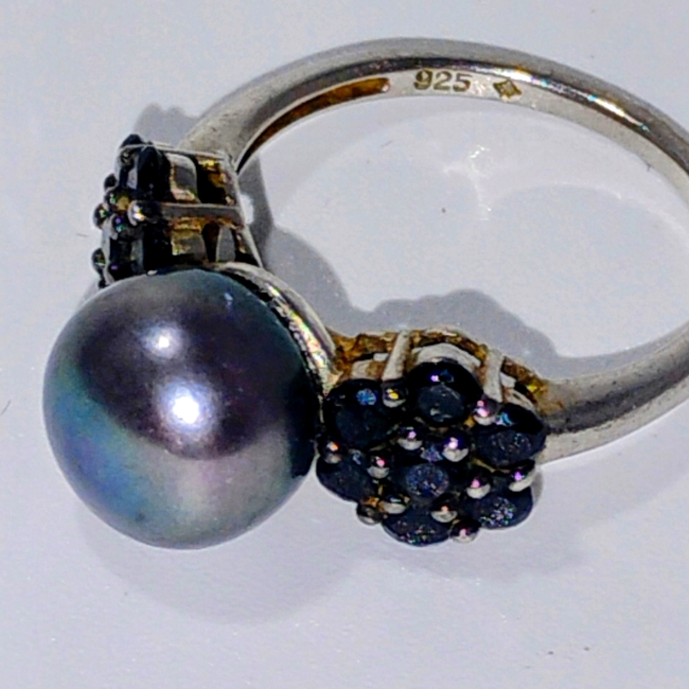 Vintage genuine Tahitian South Seas pearl & black spinel 925 silver ring Sz 6.75